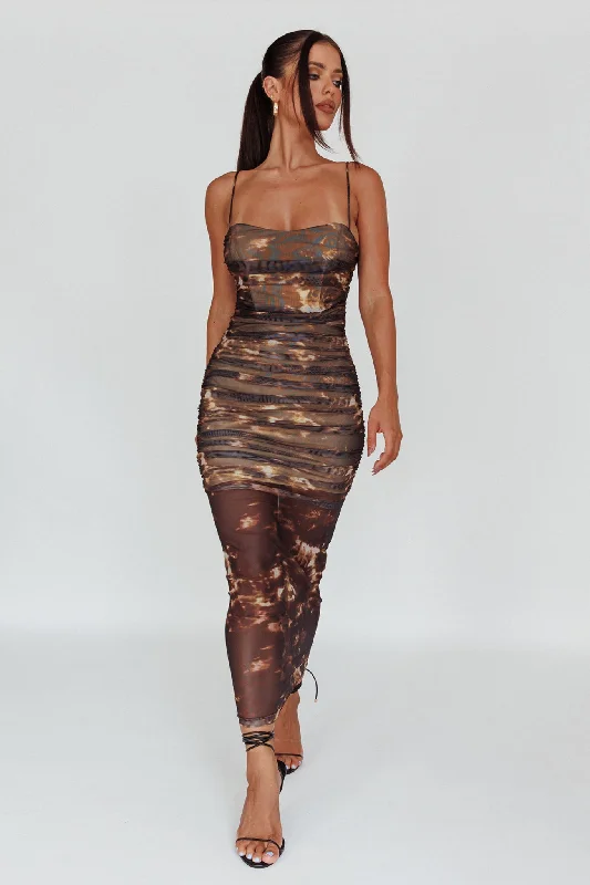 Logan Strapless Ruched Midi Dress Brown