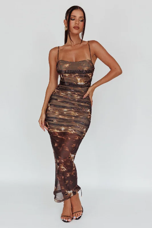 Logan Strapless Ruched Midi Dress Brown