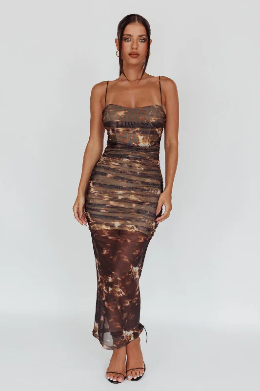 Logan Strapless Ruched Midi Dress Brown