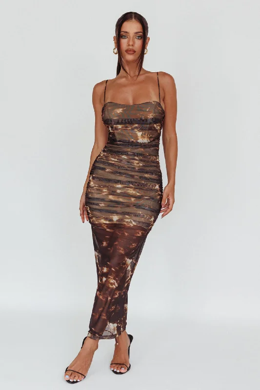 Logan Strapless Ruched Midi Dress Brown