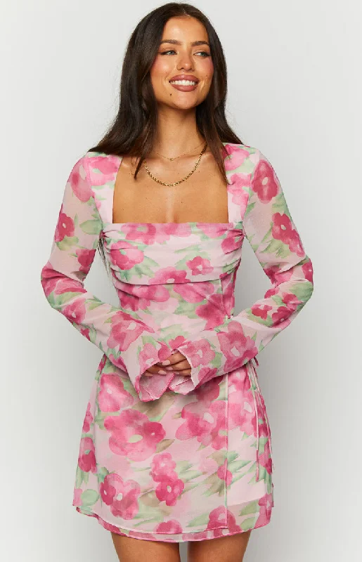 Lucy Pink Floral Print Long Sleeve Mini Dress