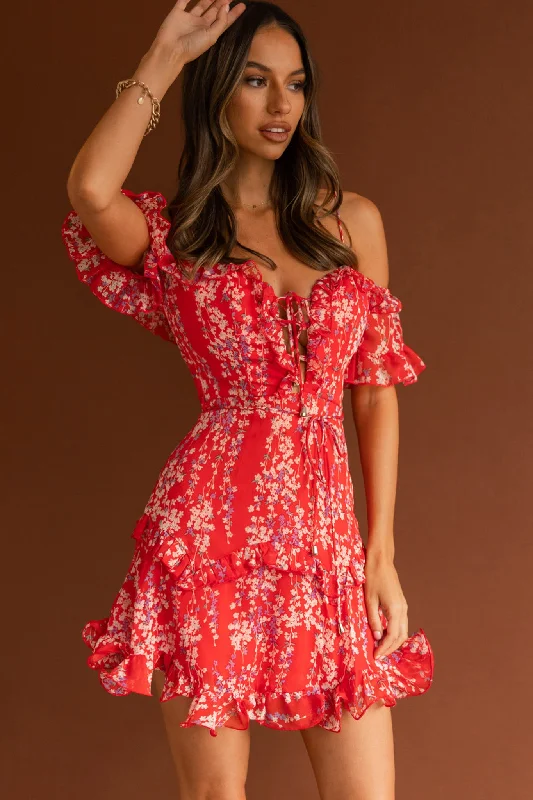 Maranda Bardot Lace-Up Bust Dress Dainty Floral Red