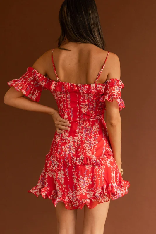 Maranda Bardot Lace-Up Bust Dress Dainty Floral Red