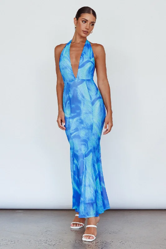 Mayah Halterneck Maxi Dress Printed Blue