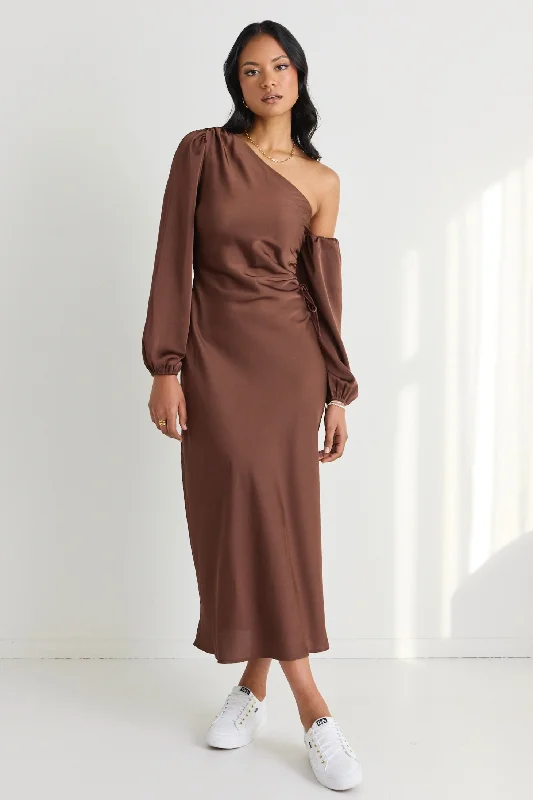 Mythical Chocolate Satin One Shoulder LS Midi Dress