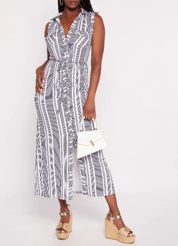 Sleeveless Striped Tie Waist Belted Shirt Dress