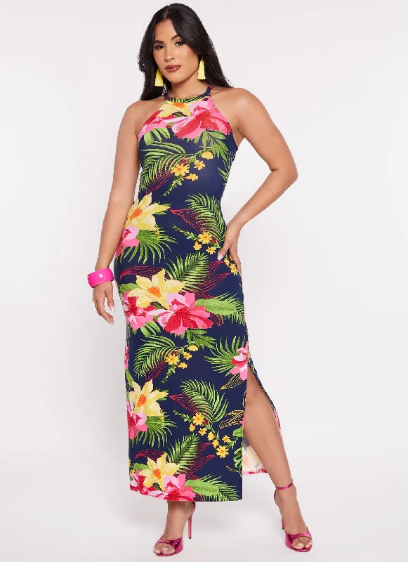 Tropical Floral Print High Neck Maxi Dress