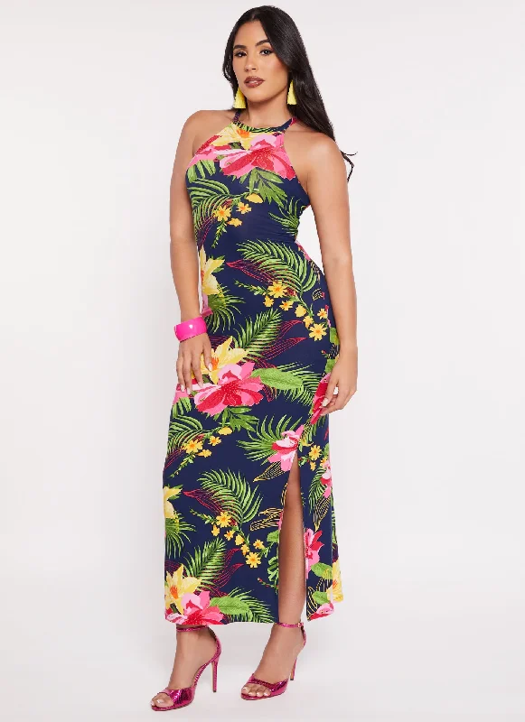 Tropical Floral Print High Neck Maxi Dress