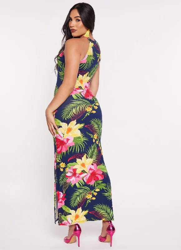 Tropical Floral Print High Neck Maxi Dress