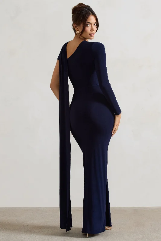 Padua | Navy Asymmetric One-Sleeve Wrap Maxi Dress With Sash