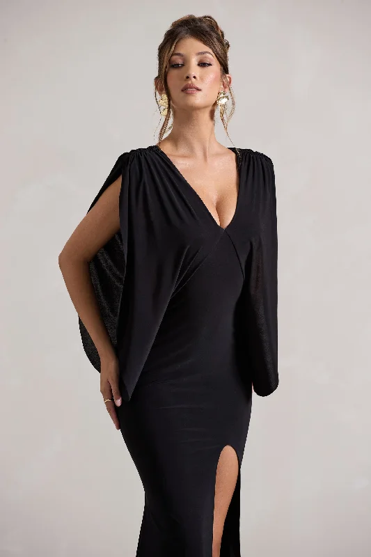 Perry | Black V-Neck Cape Sleeve Split Maxi Dress