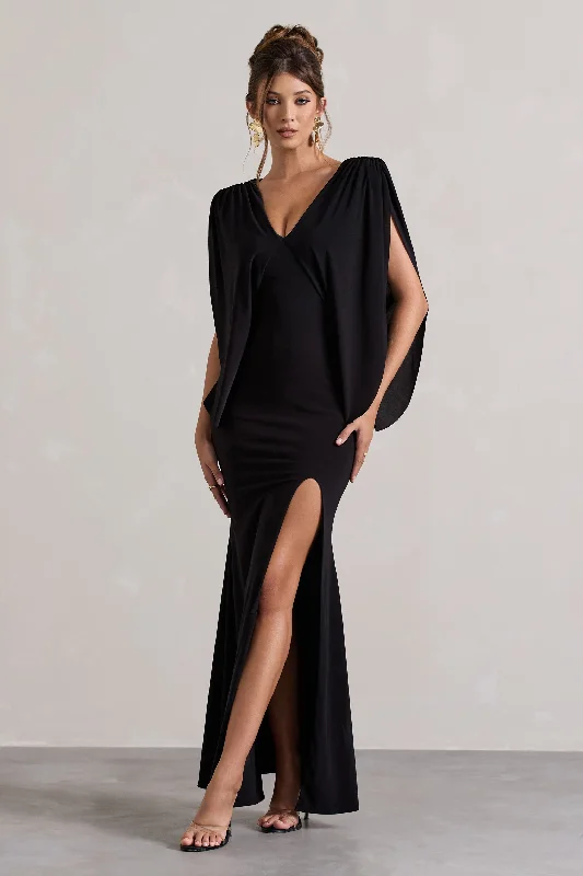 Perry | Black V-Neck Cape Sleeve Split Maxi Dress