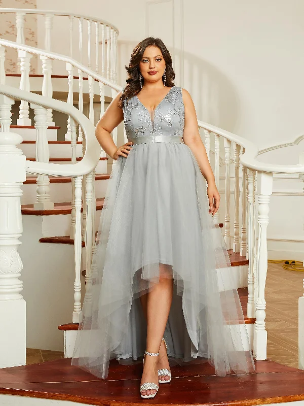 Plus Size Sleeveless V-Neck Tulle Dress PRJ10336