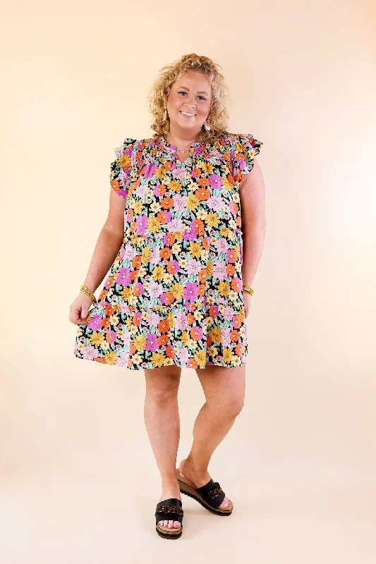 Pretty Days Floral Notched Neckline Dress in Black