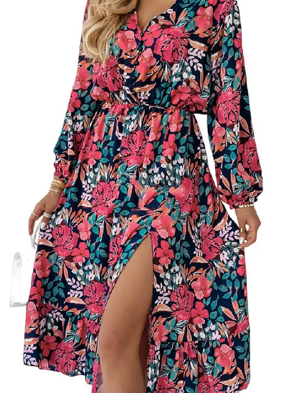 Floral Long Sleeve Slit Dress