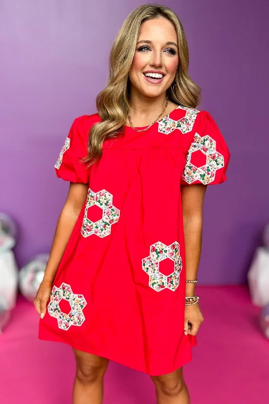 Red Multi Embroidered Flower Short Puff Sleeve Dress