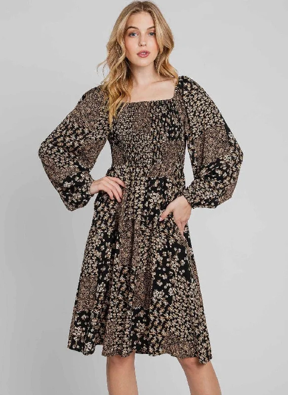 Smocked Floral Long Sleeve Dress