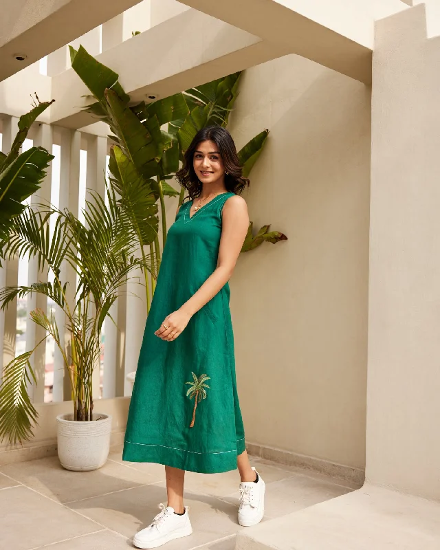 Solid Green Pure Linen Dress