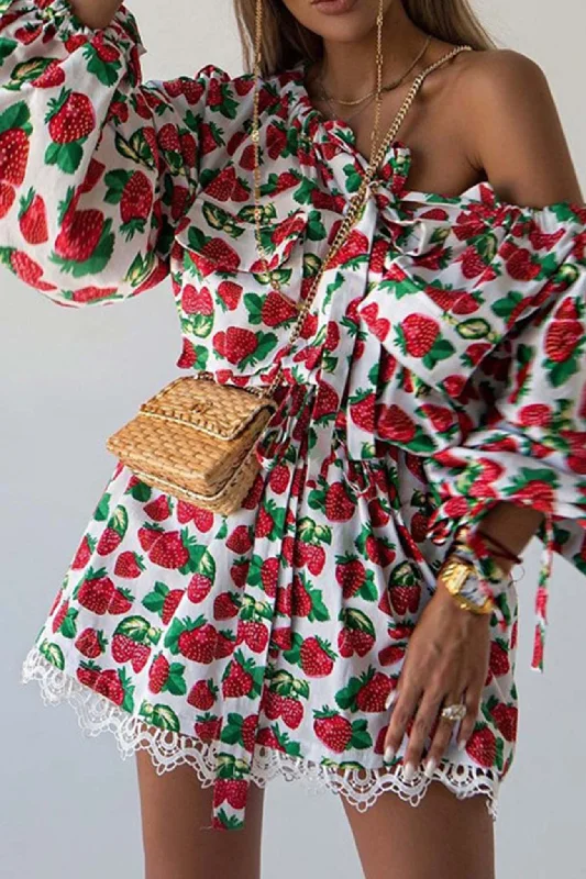 Strawberry Print Drop Shoulder Waisted Dress