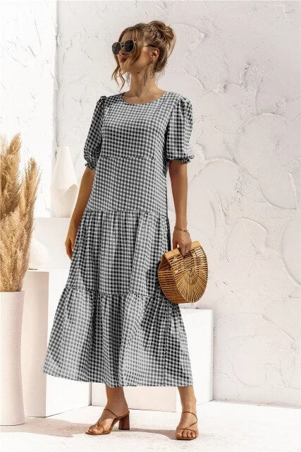 Amy Fashion - Polka Dot Plaid Print Robe Maxi Dress