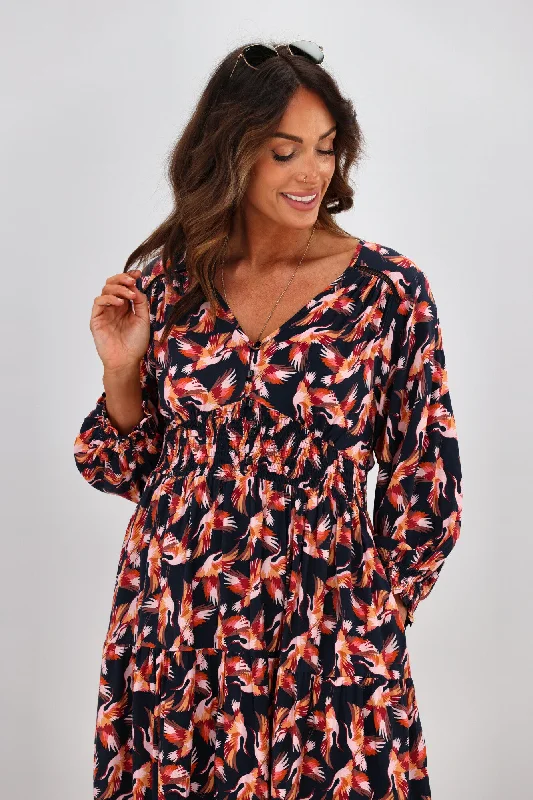 Sunday Boho Ada Dress Bird Print Navy