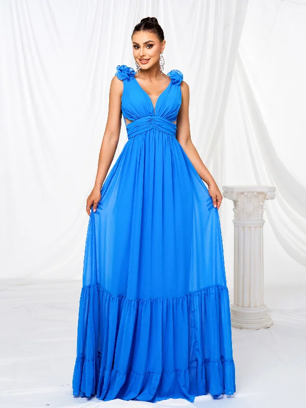 V-neck Ruched Blue Tulle Maxi Dress RM21494