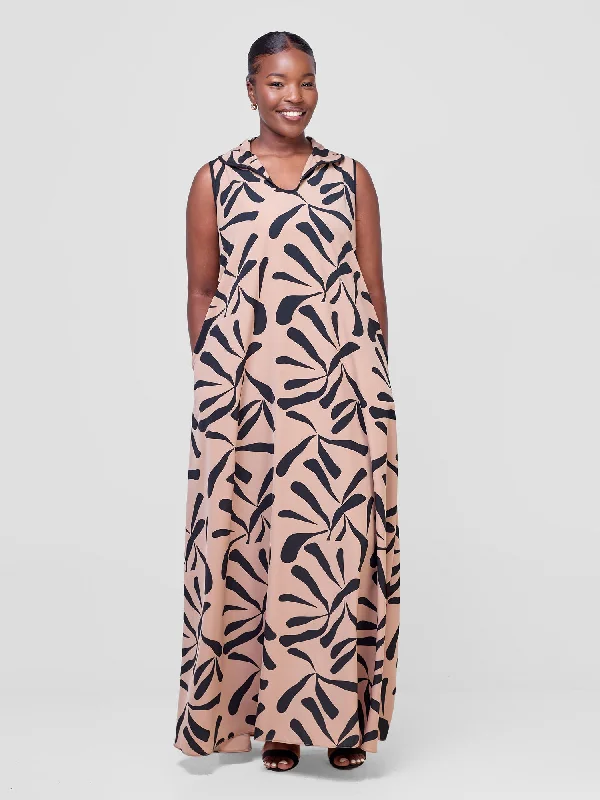 Vivo Asha Sleeveless Maxi Dress - Taupe / Black Tuli Print