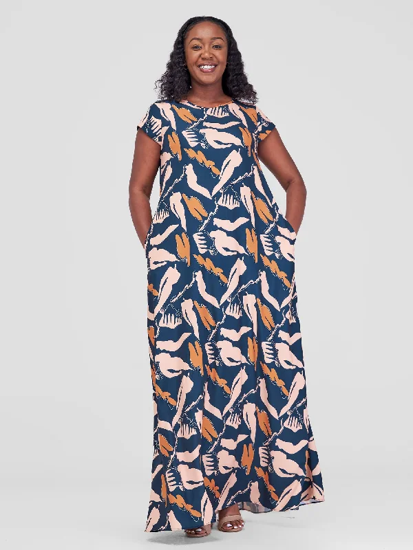 Vivo Basic Cap Sleeve Maxi Tent Dress - Navy / Brown Meki Print