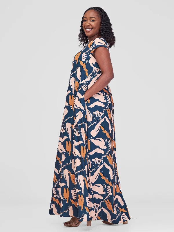 Vivo Basic Cap Sleeve Maxi Tent Dress - Navy / Brown Meki Print