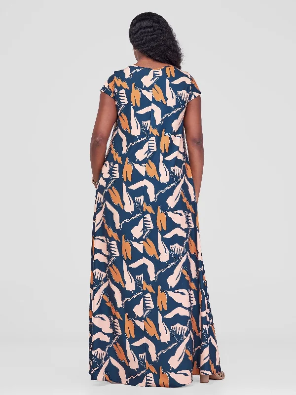 Vivo Basic Cap Sleeve Maxi Tent Dress - Navy / Brown Meki Print