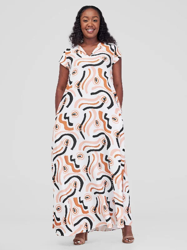 Vivo Zola V Neck Cap Sleeve Maxi Dress - Off White / Navy Kemi Print