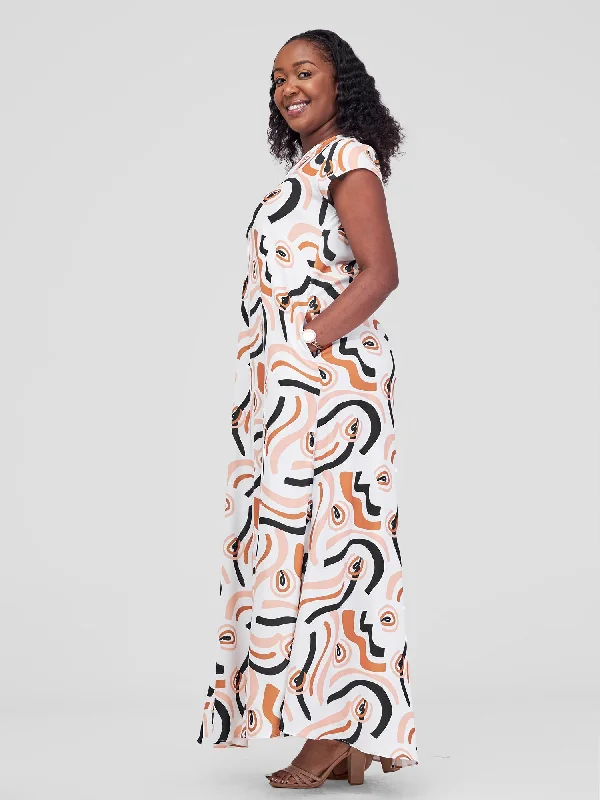 Vivo Zola V Neck Cap Sleeve Maxi Dress - Off White / Navy Kemi Print