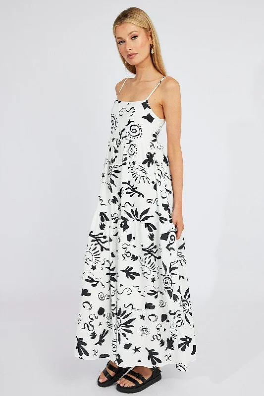 White Abstract Maxi Dress Strappy Tiered