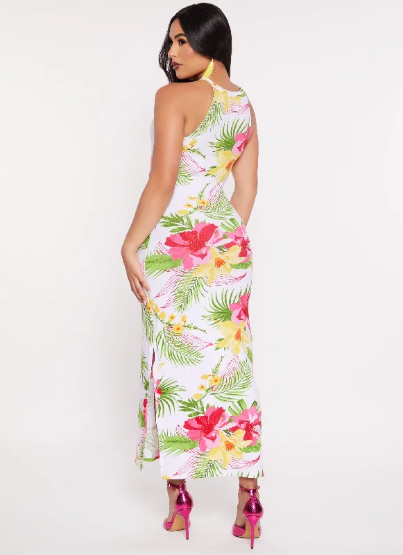 Tropical Floral Print High Neck Maxi Dress