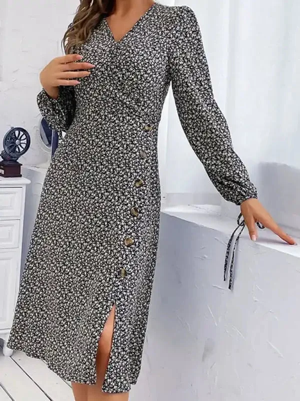 Women’s Floral Print Puff Sleeves With Tie Faux Wrap A-line Midi Dress