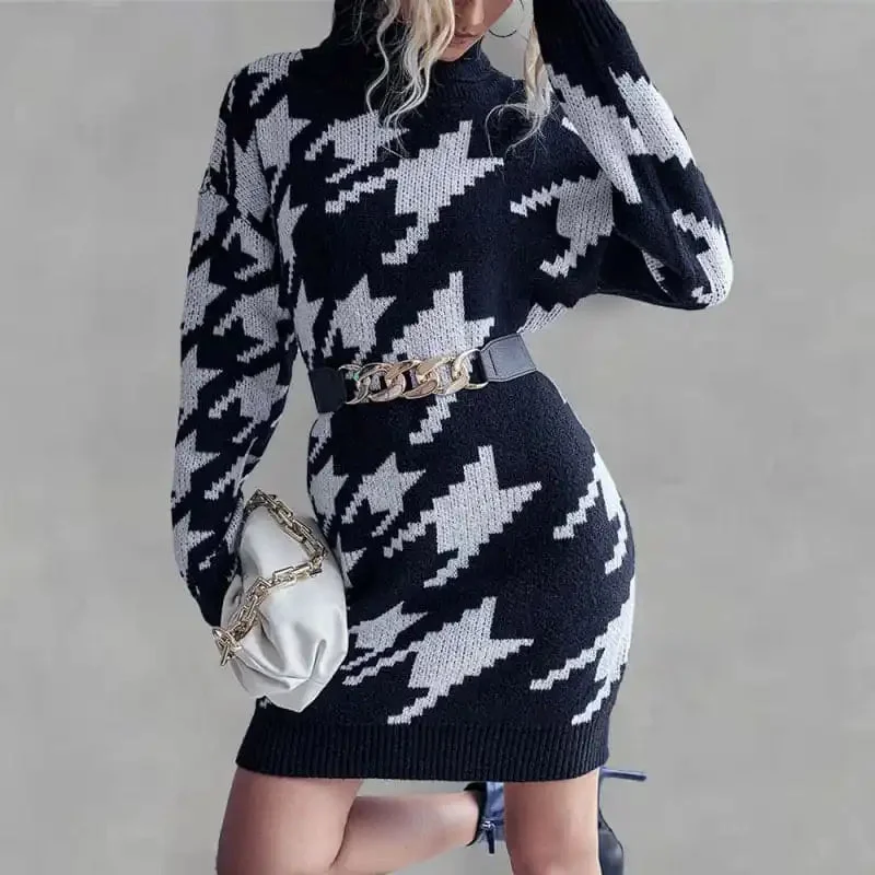 Women’s high neck loose long sleeve sweater dress (without belt)