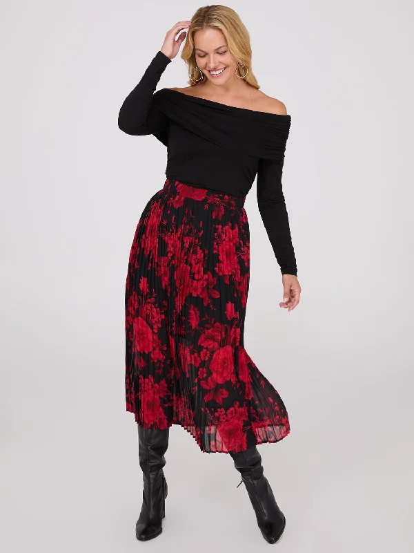 Printed Pleated Chiffon Midi Skirt