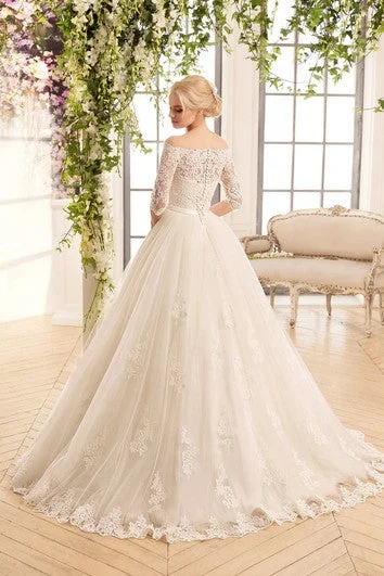 A-Line Floor-Length Off-The-Shoulder Half-Sleeve Illusion Lace Tulle Dress With Appliques