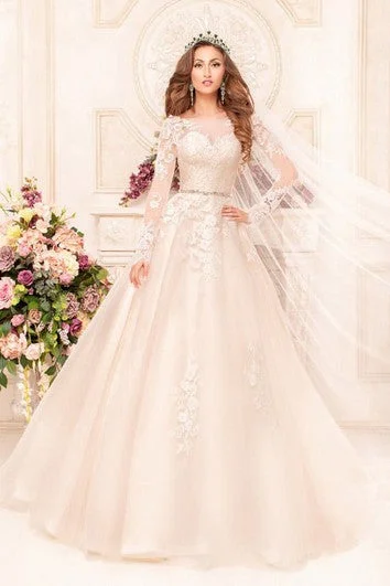 A-Line Floor-Length Scoop Long-Sleeve Low-V-Back Lace Dress With Appliques And Waist Jewellery