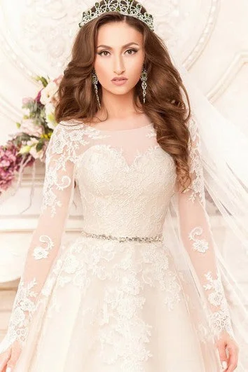 A-Line Floor-Length Scoop Long-Sleeve Low-V-Back Lace Dress With Appliques And Waist Jewellery