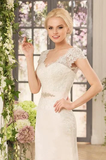 A-Line Floor-Length V-Neck Cap-Sleeve Corset-Back Lace Satin Dress With Appliques And Bow