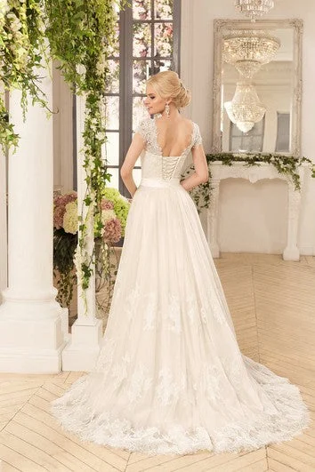 A-Line Floor-Length V-Neck Cap-Sleeve Corset-Back Lace Satin Dress With Appliques And Bow