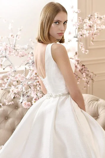 A Line Jeweled Sleeveless Short Mini Square Neck Satin Wedding Dress