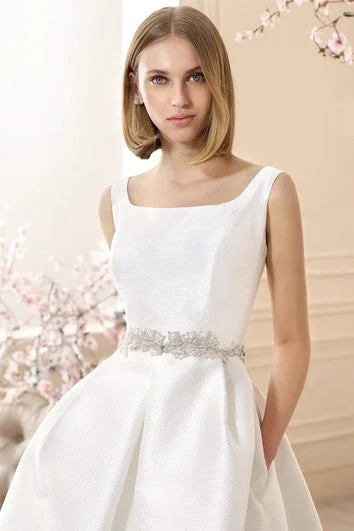 A Line Jeweled Sleeveless Short Mini Square Neck Satin Wedding Dress