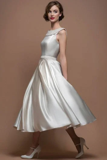 A-Line Scoop-Neck Tea-Length Satin Wedding Dress With Beading And V Back