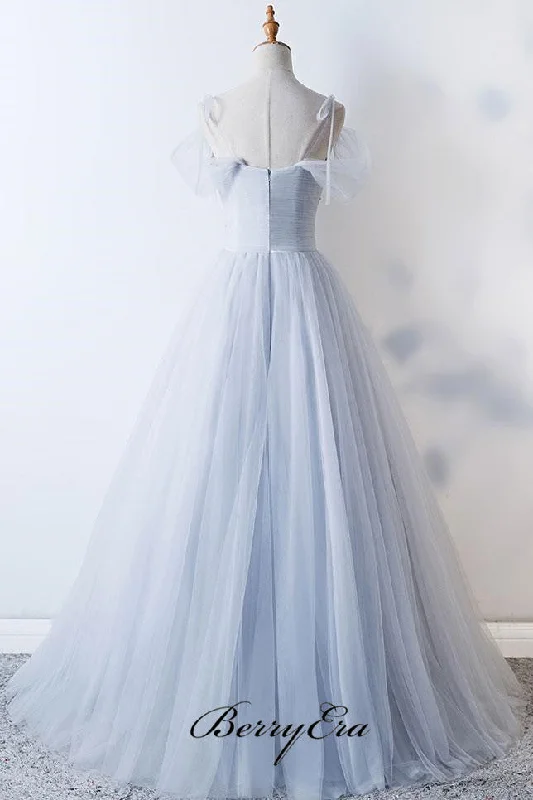 A-line Tulle Grey Wedding Dresses, Off The Shoulder Wedding Dresses, Beaded Wedding Dresses