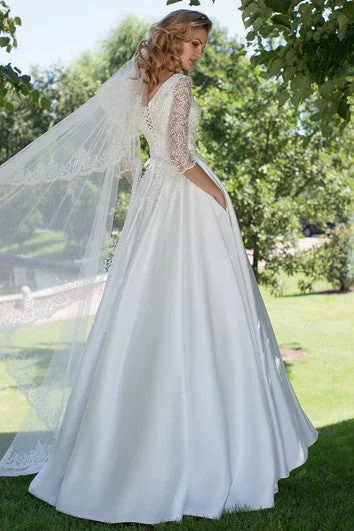 A-Line V-Neck Appliqued 3-4 Sleeve Satin Wedding Dress