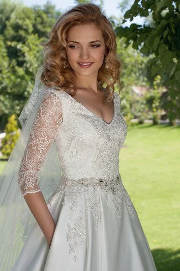 A-Line V-Neck Appliqued 3-4 Sleeve Satin Wedding Dress