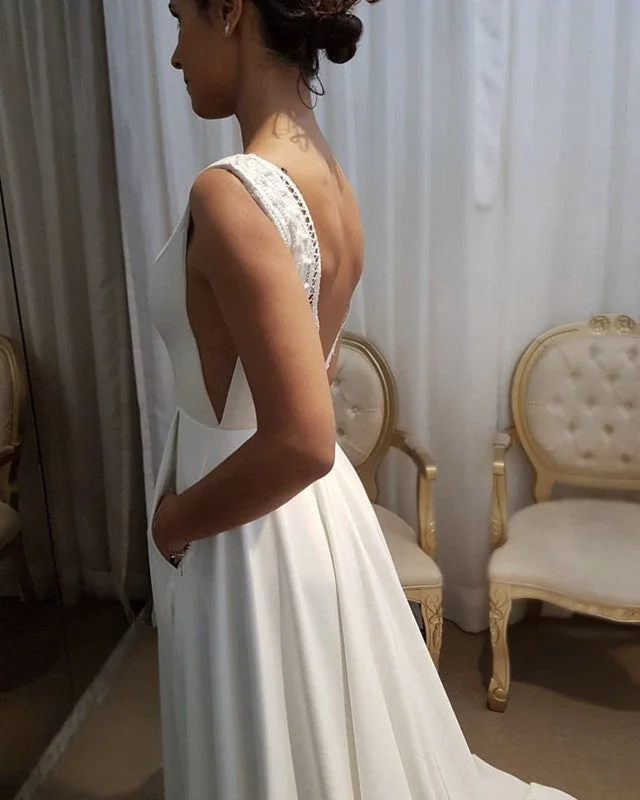 Lace Backless Wedding Boho Dress With Pockets