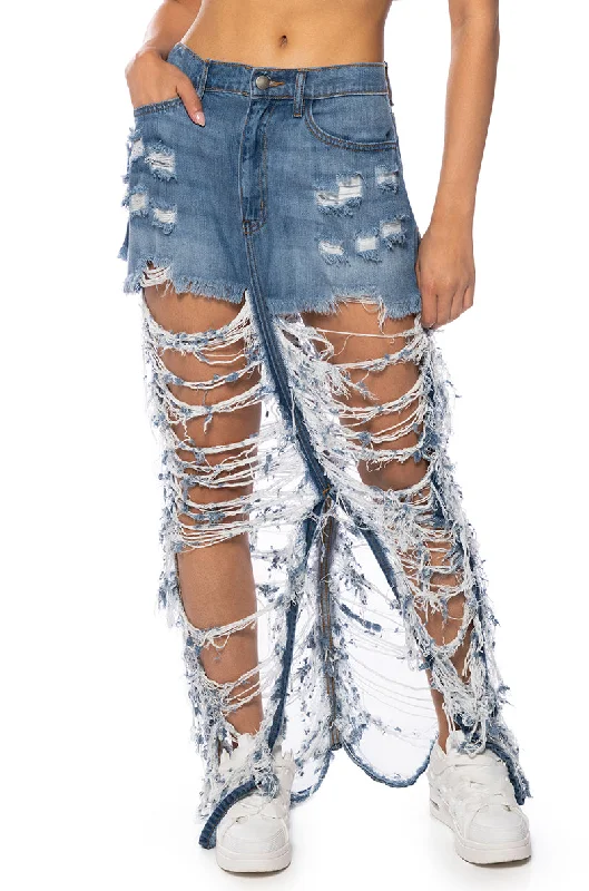 ALWAYS NOTICED SHREDDED DENIM MAXI SKIRT